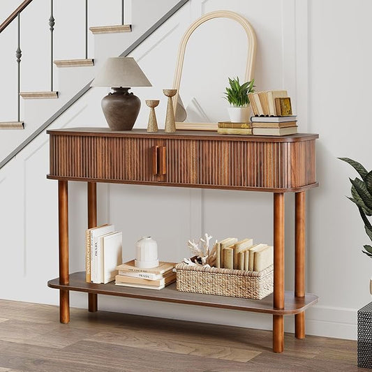 RARZOE Console Table with Storage, Fluted Entryway Table with Sliding Door&Open Shelf, Sofa Table Behind Couch, Mid-Century Modern Accent Table for Hallway, Entrance, Foyer, Fully Assembled(Walnut)