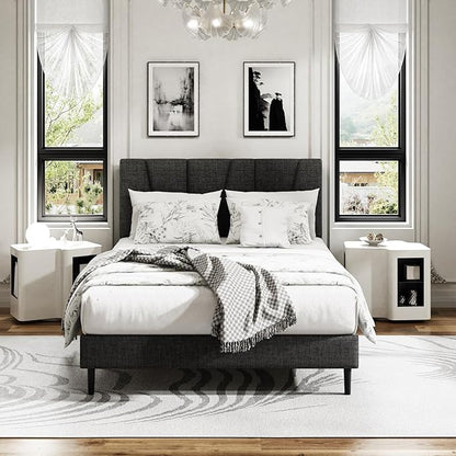 Full Size Platform Bed Frame with Modern Upholstered Headboard, Wooden Slats Support, Noise Free, No Box Spring Needed, Easy Assembly, Dark Grey, Linen