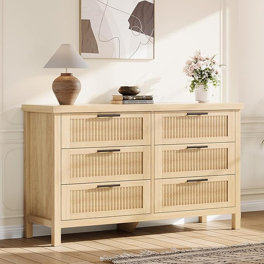 GarveeHome Fluted 6 Drawer Dresser for Bedroom, 47.4 in Wide Mid Century Modern Chest of Drawers, Wooden Fluted Dresser Chest with Clothes Storage Cabinet, Drawer Organizer for Living Room, Natural