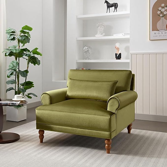Merax Accent Chair with Circular Armrests, Upholstered Armchair Single Sofa with Vintage Roman Column Legs for Living Room, Bedroom, Study, Ergonomic Lumbar, Velvet, Green