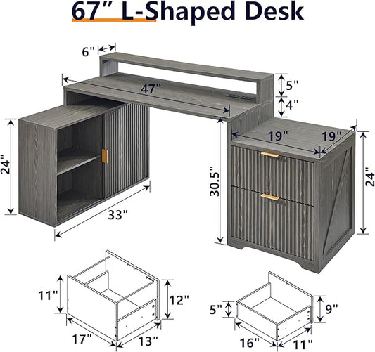 JXQTLINGMU 67" Modern L Shaped Desk with Storage Cabinet & Drawers, Wood Home Office Desk with Power Outlets, Fluted Computer Writing Desk, Grayish Green
