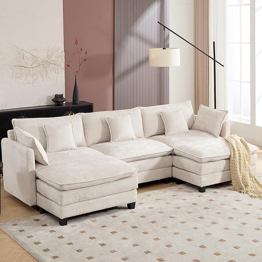 Plush Modular Cloud Sofa Set with Ottoman | L/U-Shaped Deep Seating Chenille Sectional for Family Living Room