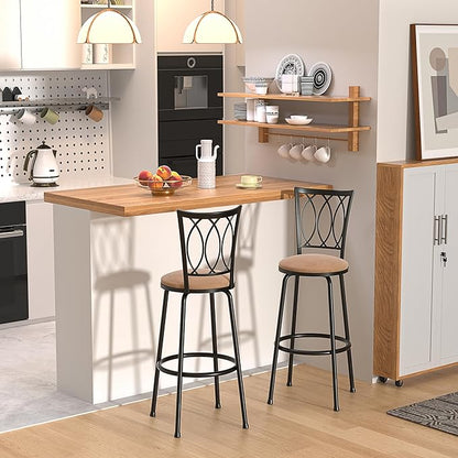 VECELO Barstools, Adjustable Counter Stools, Steel Bar Stools with 360 Degree Swivel Seat and Upholstered, Curved Line Backrest,
