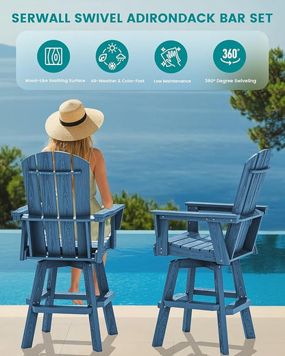 SERWALL 5-Piece Swivel Adirondack Bar Set, HDPE Swivel Bar Height Chairs Set of 4 with Bar Table, All-Weather Outdoor Barstools for Patio, Poolside, Garden, Blue