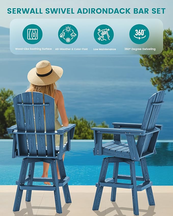 SERWALL 10-Piece Swivel Adirondack Bar Set, HDPE Swivel Bar Height Chairs Set of 8 with 2 Bar Tables, All-Weather Outdoor Barstools for Patio, Poolside, Garden, Blue