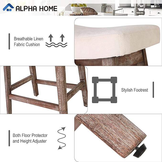 ALPHA HOME Bar Stools Set of 3, Solid Wood Saddle Kitchen Stools with Beige Linen Fabric Cushion Counter Height Barstools, 24 Inch, 3PCS