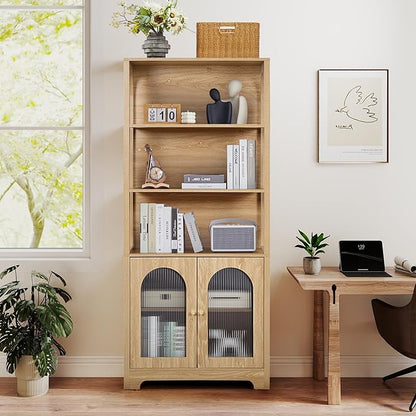RARZOE 71" Tall Bookshelf and Bookcase, 5-Tier Arched Bookshelf with Glass Doors, Floor Standing 5 Shelf Book case, Wood Display Cabinet Storage Organizer for Living Room, Bedroom, Office(Natural)