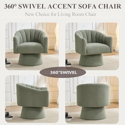 Swivel Accent Chair Set of 2, Upholstered Teddy 360° Swivel Barrel Chair for Living Room Overstuffed Bouncle Reading Chair Round Armchair for Bedroom,Vanity,Office-Green