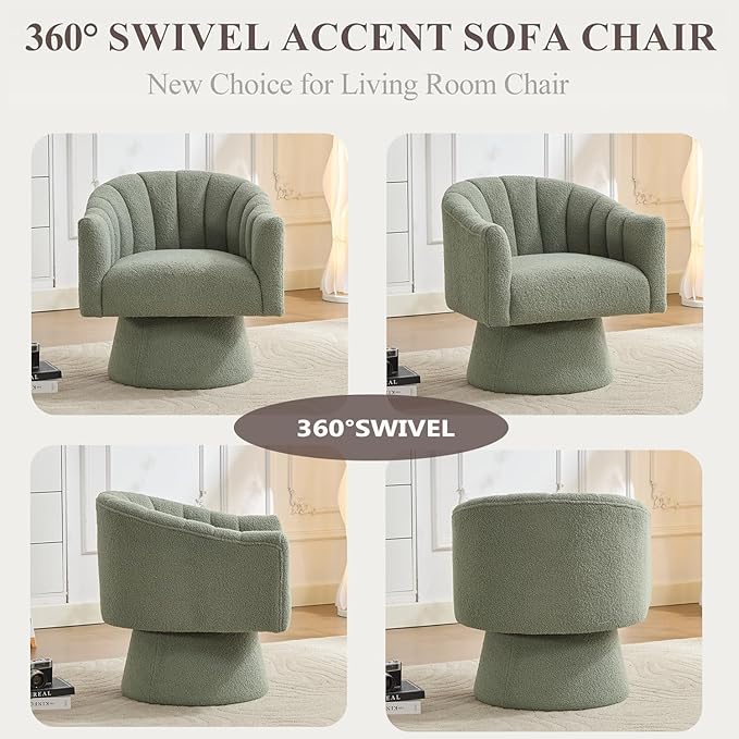 Swivel Accent Chair,Upholstered Teddy 360° Swivel Barrel Chair for Living Room Overstuffed Bouncle Reading Chair Round Armchair for Bedroom,Vanity,Office-Green