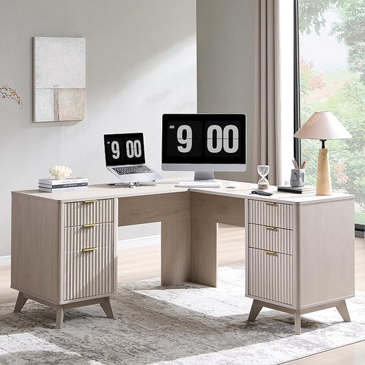 T4TREAM 60" Fluted Executive L Shaped Desk, Modern Home Office Desk with Charging Station and File Drawer, Computer Corner Desks with Drawers & Storage Cabinet for Office Home, Bedroom, Alder White