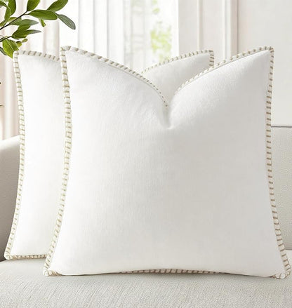 decorUhome Chenille Soft Throw Pillow Covers 16x16 Set of 2, Farmhouse Velvet Neutral Decorative Euro Pillow Covers with Stitched Edge for Couch Sofa Bed Home Decor, Cream White
