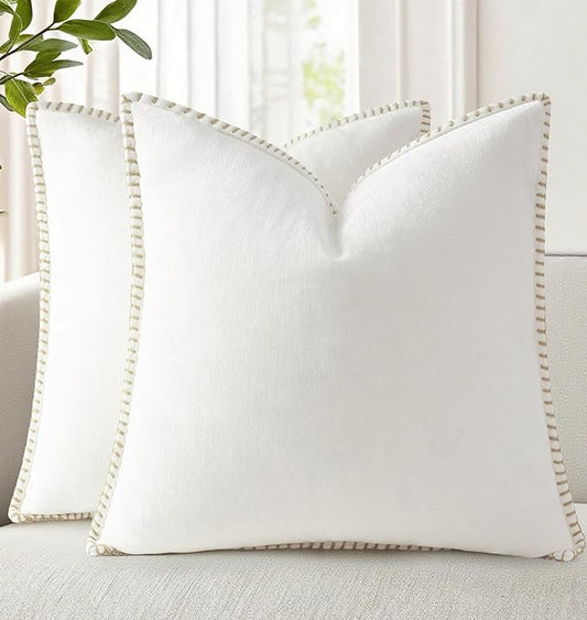 decorUhome Chenille Soft Throw Pillow Covers 16x16 Set of 2, Farmhouse Velvet Neutral Decorative Euro Pillow Covers with Stitched Edge for Couch Sofa Bed Home Decor, Cream White