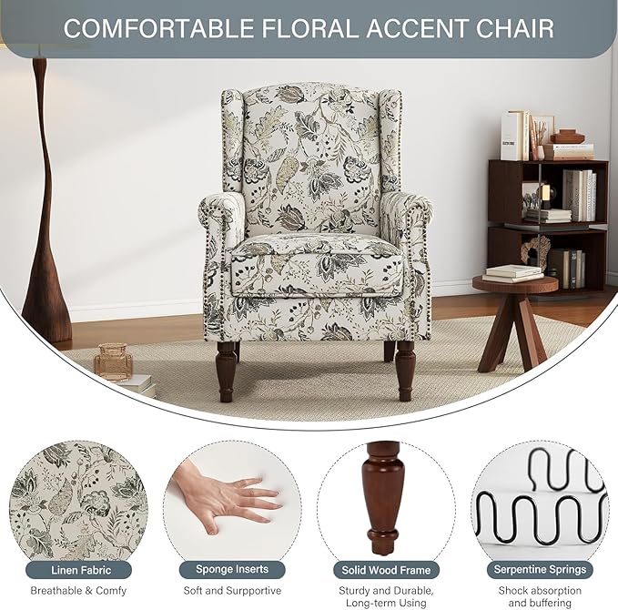 UIXE High Back Floral Accent Chair, Fabric Upholstered Armchair for Living Room, Retro Printed Wingback Arm Chair Nailhead Trim Single Sofa Bedroom Reading Seat - Beige Plants