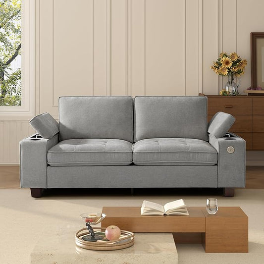 74" Loveseat Couch for Living Room,Modern Chenille Upholstered Sofa with Adjustable Storage Armrest,Cup Holders,USB & Type-C Ports,Solid Wood 2-Seater Loveseat Sofa for Apartment(Gray)