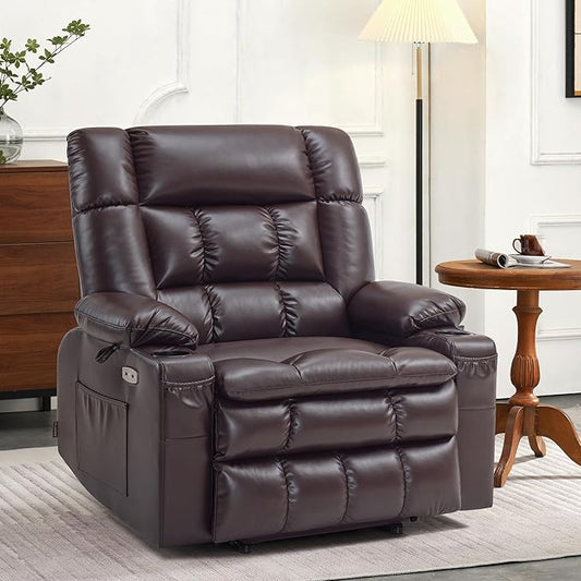 MCombo Dual Motor Power Lift Recliner Chair for Elderly, Lay Flat Lift Chair with Heat and Massage, Petite Wide Lift Chair, Cup Holders, USB A&C Ports, Faux Leather R7894 (Dark Brown, Small-Wide)