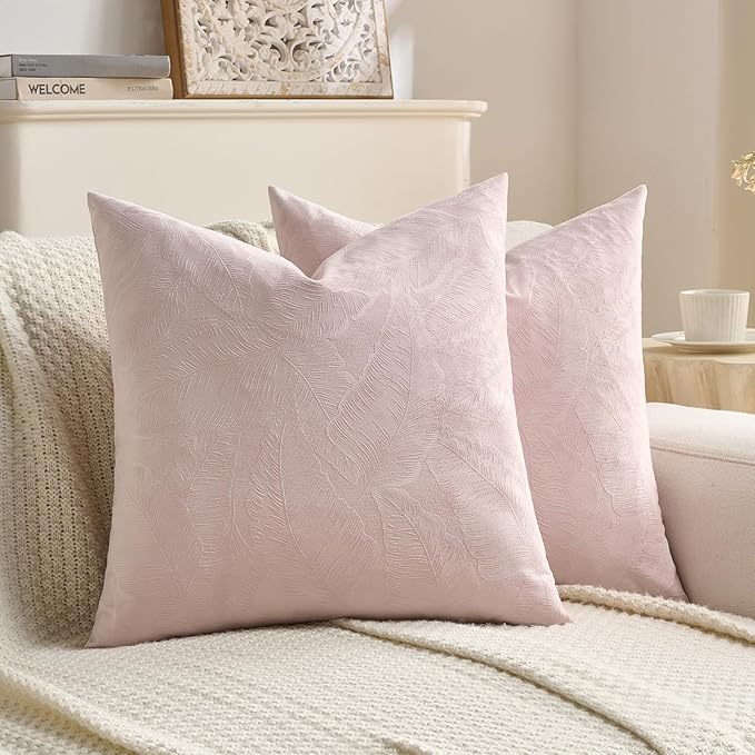 FUTEI Pink Velvet Throw Pillow Covers 22x22 Inch Set of 2,Soft Embossed Leaf-Relief Textured Cushion Cases,Natural Home Decor for Couch Living Room