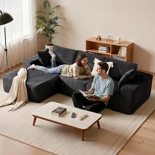 Apicizon 113" Sectional Sofa Couch for Living Room, 3 Seat Boneless Sofa with Chaise Longue, L-Shape Modular Sectional Couches with Deep Seat for Apartment，No Assembly Required (Stripe Corduroy Gray)