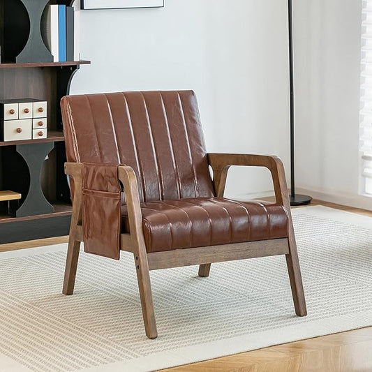 EROMMY Mid Century Modern Leather Accent Chair with Wood Frame, Faux Leather Accent Armchair with Storage Bag,Faux Pu Living Room Accent Chair for Reading, Bedroom,Reddish Brown