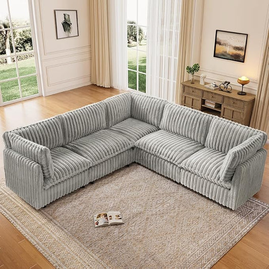 KKL Modular Sectional Couch for Living Room, V Shaped Corduroy Couches with Corner Seat, 5 Seater Oversized Sofa Convertible to Sleeper, Soft Fabric Modern Sofa, Grey