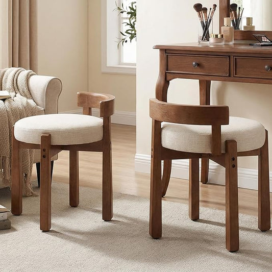 HNY Modern Linen Ottoman Set of 2- Low-Back Makeup Seat & Lounge Footrest with Solid Wood Frame, Casual Style for Bedroom Dressing Area, Beige