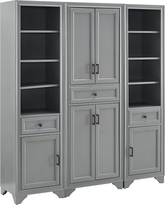 Crosley Furniture Tara 3-Piece Pantry Storage Cabinet Set with Shelves, Kitchen, Dining, or Laundry Room, Distressed Gray