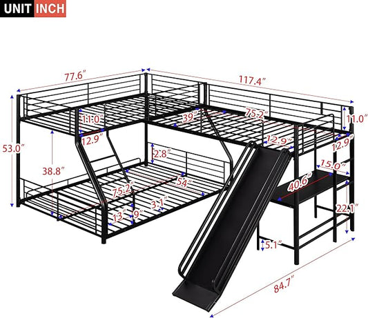 L-Shaped Twin Over Full Bunk Bed with Twin Size Loft Bed Frame Have Desk/Slide/Integrated Ladder/Full-Length Guardrails/Metal Slats Support/Easy to Assemble,for Adult Boy Girl,Black