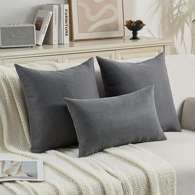 FUTEI Dark Grey Chenille Throw Pillow Covers 20x20 Inch Set of 2,Soft Wide Chevron Textured Cushion Case,Farmhouse Home Decor for Couch Bed Living Room