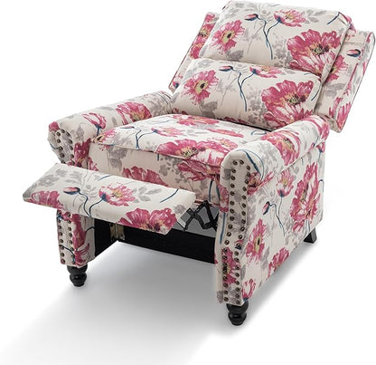 Pushback Recliner Chair, Upholstered Armchair Wingback Recliner Chair, Floral Fabric Push Back Recliner with Wood Legs, Rivet Trim Single Sofa Accent Chair for Living Room, Bedroom, Pattern White