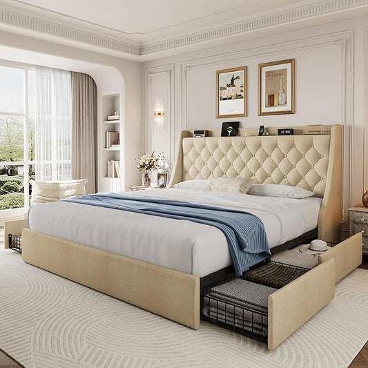 King Size Upholstered Platform Bed Frame with 4 Storage Drawers and Charging Station, Linen Button Tufted Wingback Headboard, Sturdy Wooden Support Slats, No Box Spring Needed, Beige