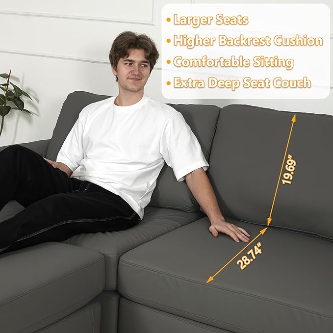 EASE MOOSE Large Faux Leather Sectional with Ottoman, Oversized Modular Couch, Modular Sectional Sofa with Deep Seat, Scratch Resistant Faux Leather Material, U Shaped Couch for Big Spaces, Grey
