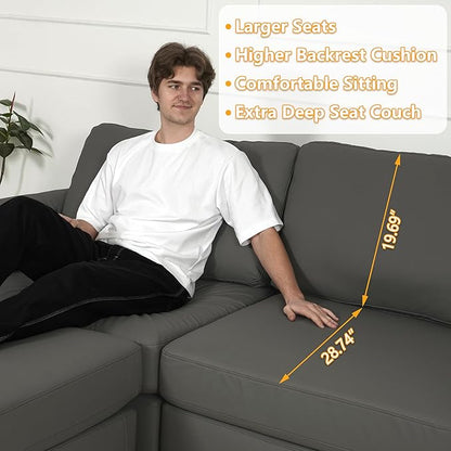 EASE MOOSE Oversized Corner Modular Sectional Sofa, Faux Leather Sectional Sofa with Deep Seat, Scratch Resistant Faux Leather Material, Extra Large L Shaped Couch for Living Room, Grey