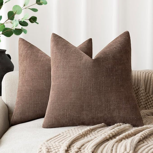 Foindtower Set of 2 Soft Textured Chenille Throw Decorative Pillow Covers Square Accent Solid Cushion Cover Cozy Neutral Farmhouse Pillow Case for Couch Sofa Bedroom Living Room 24x24 Inch, Chocolate