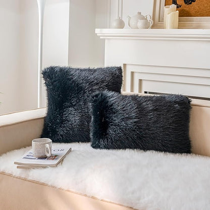 Neelvin Black Faux Fur Cozy Fluffy Double-Sided Decorative Throw Pillow Covers 18x18 inch Set of 2,Velvet Pillowcase Cushion Case for Sofa Couch