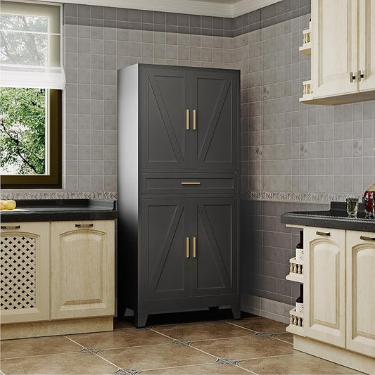 Large Metal Kitchen Pantry Cabinet with Adjustable Shelves - Freestanding Kitchen Storage Cabinet for Dining Room,Livingroom Bathroom, Hallway, Workshop, Office (Black, 71"-1 Drawer)
