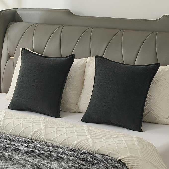 FUTEI Black Chenille Throw Pillow Covers 12x20 Inch Set of 2,Edges Double-Stitched Lumbar Pillow Cases,Modern Home Decor for Couch Living Room