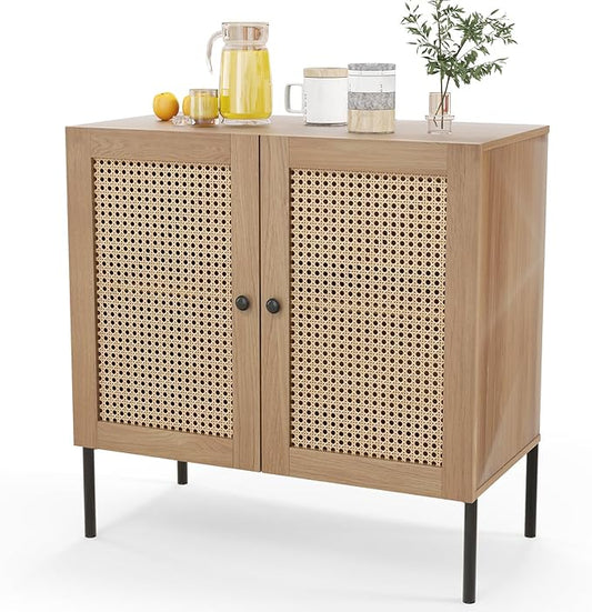 COSTWAY Buffet Cabinet with Storage, Storage Sideboard with Rattan Decorated Doors, Adjustable Shelf, Metal Legs, Accent Cabinet, Buffet Table Credenza for Hallway, Entryway, Living Room (1, Oak)