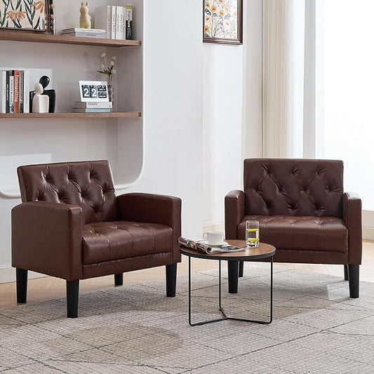 TYBOATLE Accent Chairs Set of 2 Comfy Living Room Chair Leather Tufted Mid Century Modern Accent Chair, Small Cozy Reading Arm Chair for Office, Bedroom (2, Brown)