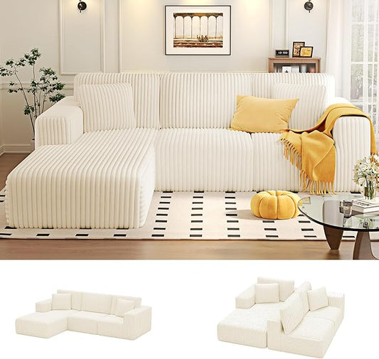 KINGYES 107'' Modular Sectional Sofa, L Shaped Cloud Couch for Living Room, Modern Plush Corduroy Boneless Sofa with Chaise for Bedroom, Beige