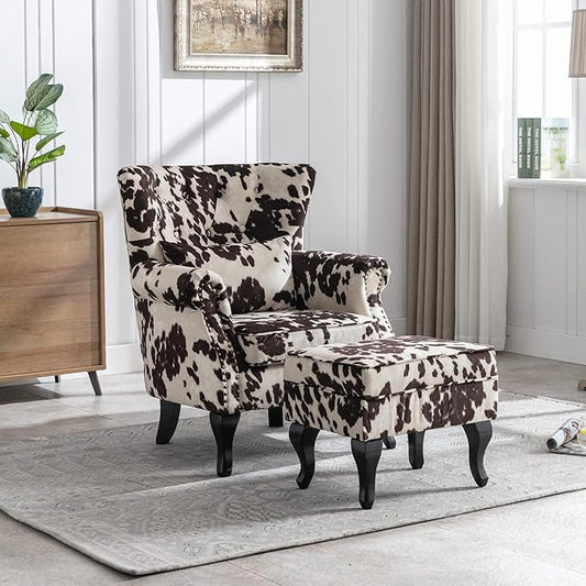 Accent Reading Arm Chairs with Ottoman Set of 2 for Living Room Bedroom, Midcentury Modern Corner Sofa Chair, Wingback Waiting Room Club Chair with Tufted Back &Lumbar Pillow, Fabric Cow
