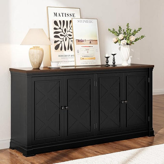 ONBRILL 63 Inches Buffet Cabinet with Storage, Large Sideboard Cabinet with 4 Barn Doors, Adjustable Shelves, Wood Coffee Bar Station for Kitchen, Living Room, Black