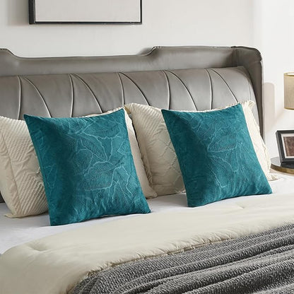 FUTEI Teal Velvet Throw Pillow Covers 18x18 Inch Set of 2,Soft Embossed Leaf-Relief Textured Cushion Cases,Natural Home Decor for Couch Living Room