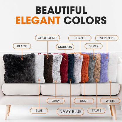 Cheer Collection Throw Pillows for Couch and Bed, Soft Shaggy Throw Pillows with Inserts Included, Cozy Long Hair Faux Fur Pillows - Set of 2-24" x 24" Navy