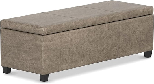 SIMPLIHOME Avalon Storage Ottoman Bench - 48 inch Wide Upholstered Vegan Leather Rectangular Lift-Top Ottoman in Distressed Smoky Grey Brown, Transitional Bench for Living Room with High-Density Foam