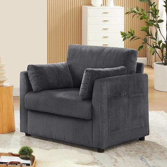 Modern Corduroy Accent Chairs, 38" W Comfy Armchair with Soft Pillows and Side Pockets, Single Reading Chairs for Living Room, Bedroom, Apartment, Grey