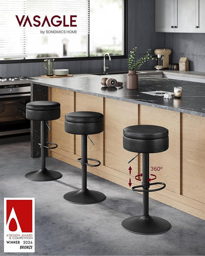VASAGLE EKHO Collection - 360° Swivel Bar Stools Set of 2, Height Adjustable Barstools with Storage, Synthetic Leather with Stitching, Mid-Century Modern, Kitchen Bar, Easy Assembly, Ink Black