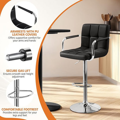 Yaheetech Bart Stools Set of 4, PU Leather Adjustable Barstools with Armrest, Counter Height Stool Chairs with Thickened Seat Cushion for Kitchen Island, Black