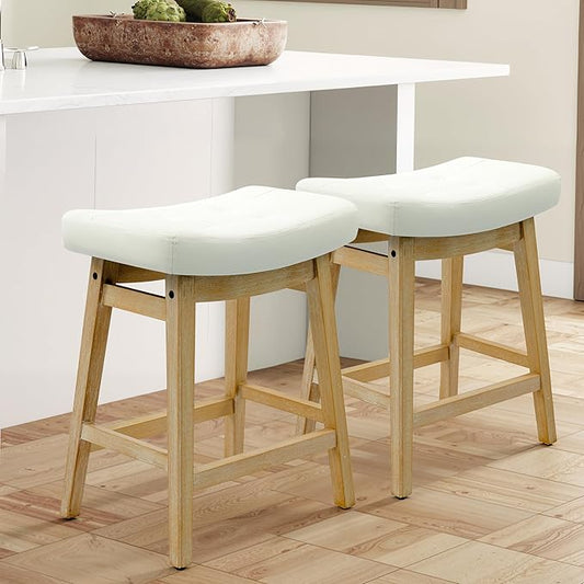 Counter Height Bar Stools Set of 2 for Kitchen Island Modern Barstools with Upholstered Faux Leather Backless Seat and Solid Wood Legs, 24 inch Farmhouse Bar Chairs, White