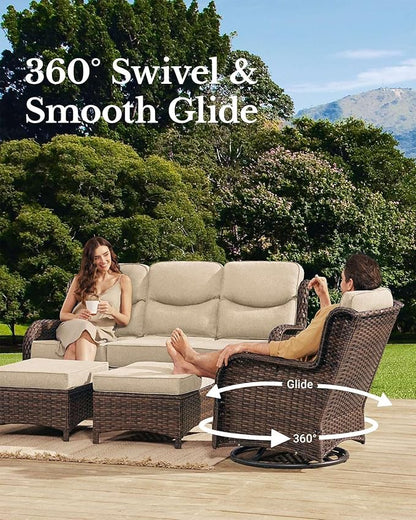 HILLGA Luxury Patio Furniture Set with 6-Inch Thick Cushions, High Back Outdoor Swivel Rocker Chairs and Patio Couch, 6-Piece All Weather Conversation Set for Porch Deck Pool Yard, Beige (V3)