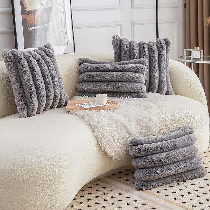 Neelvin Grey Faux Fur Cozy Soft Striped Decorative Throw Pillow Covers 22x22 inch Set of 2,Velvet Pillowcase Cushion Case for Sofa Couch
