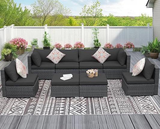 NICESOUL 8 Seater Modern Luxury Outdoor Furniture Set, Extra Large PE Wicker Patio Modular Sectional Sofa with Ottoman, 29.3'' High Back L-Shaped All-Weather Conversations, Deep Seated Grey Color